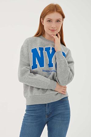 Nakışlı Sweat Gri Melanj