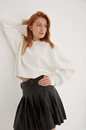 Kapüşonlu Crop Sweat Ekru