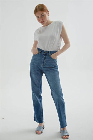 Crop Denim Pantolon Mavi