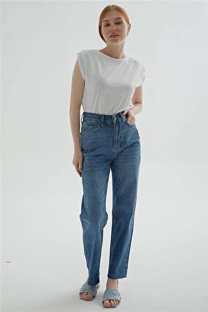 Crop Denim Pantolon Mavi