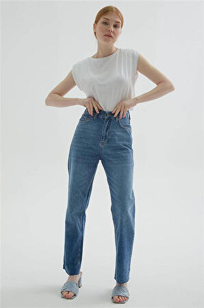 Crop Denim Pantolon Mavi