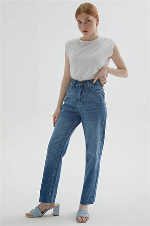 Crop Denim Pantolon Mavi