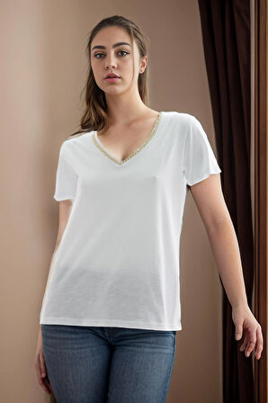 V Yaka T-Shirt Beyaz
