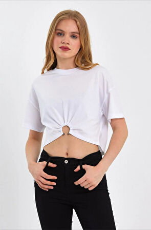 Metal Aksesuarlı T-Shirt Beyaz