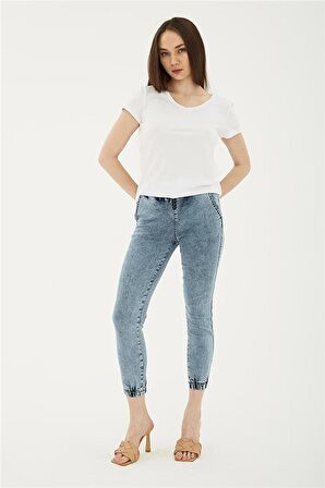 Paçası ve Beli Lastikli Denim Pantolon A.Mavi