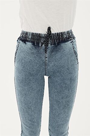 Paçası ve Beli Lastikli Denim Pantolon A.Mavi