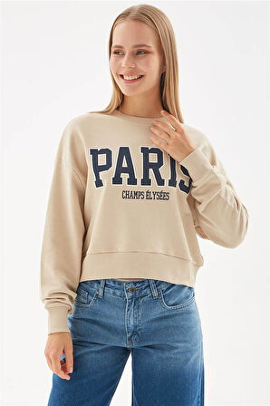 Baskılı Crop Sweat Bej