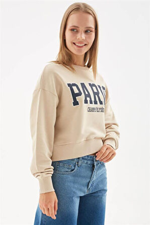 Baskılı Crop Sweat Bej