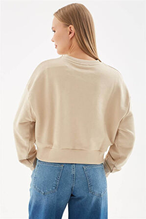 Baskılı Crop Sweat Bej