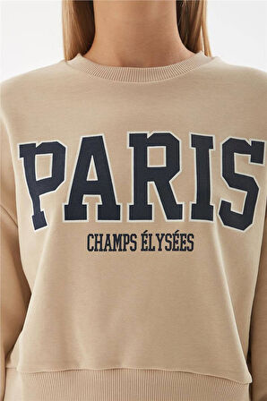 Baskılı Crop Sweat Bej