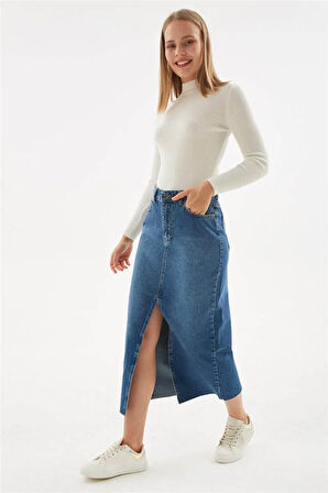 Denim Midi Etek Mavi