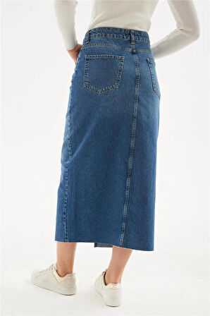 Denim Midi Etek Mavi