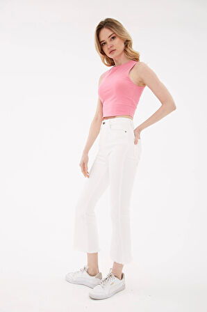Yüksel Bel İspanyol Paça Esnek Crop Flare Denim Pantolon Beyaz