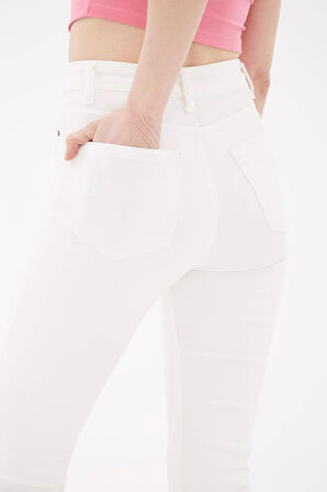 Yüksel Bel İspanyol Paça Esnek Crop Flare Denim Pantolon Beyaz