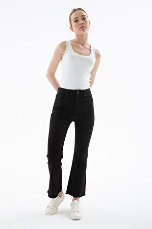 Yüksel Bel İspanyol Paça Esnek Crop Flare Denim Pantolon Siyah