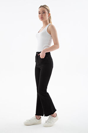 Yüksel Bel İspanyol Paça Esnek Crop Flare Denim Pantolon Siyah