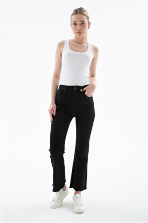 Yüksel Bel İspanyol Paça Esnek Crop Flare Denim Pantolon Siyah