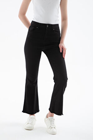 Yüksel Bel İspanyol Paça Esnek Crop Flare Denim Pantolon Siyah