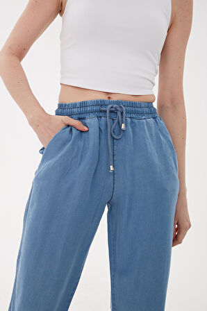 Beli Bağlamalı Lastikli Tencel Denim Pantolon Mavi