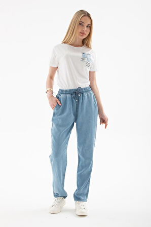 Beli Bağlamalı Lastikli Tencel Denim Pantolon A.Mavi