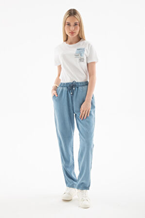 Beli Bağlamalı Lastikli Tencel Denim Pantolon A.Mavi