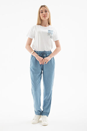 Beli Bağlamalı Lastikli Tencel Denim Pantolon A.Mavi