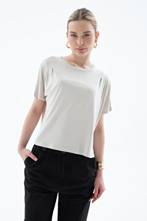 Dökümlü Viskon Crop Bluz Taş