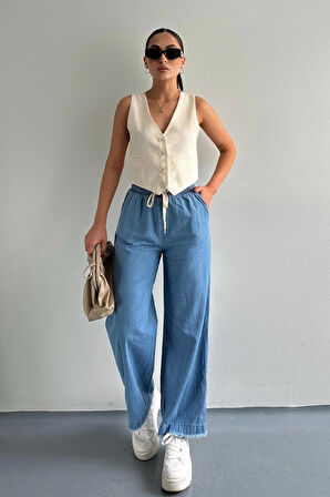 Paçası Püsküllü Straight Fit Denim Pantolon Mavi