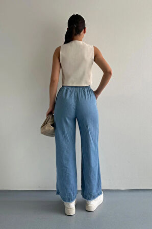 Paçası Püsküllü Straight Fit Denim Pantolon Mavi