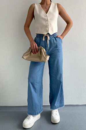 Paçası Püsküllü Straight Fit Denim Pantolon Mavi