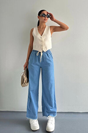 Paçası Püsküllü Straight Fit Denim Pantolon Mavi