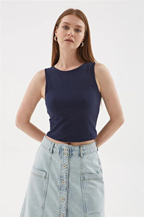 Kolsuz Crop Bluz Lacivert