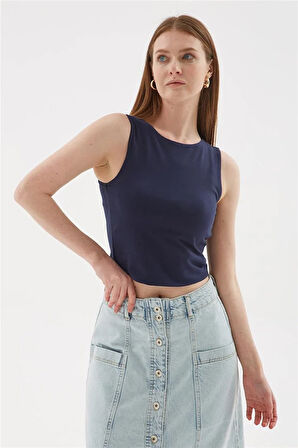 Kolsuz Crop Bluz Lacivert