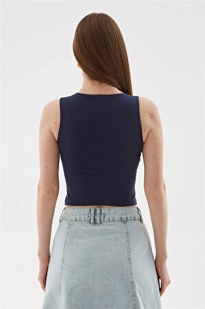 Kolsuz Crop Bluz Lacivert