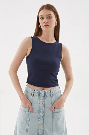 Kolsuz Crop Bluz Lacivert