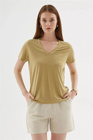 V Yaka Modal Bluz Olive