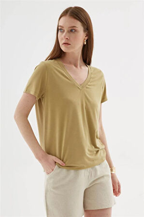 V Yaka Modal Bluz Olive