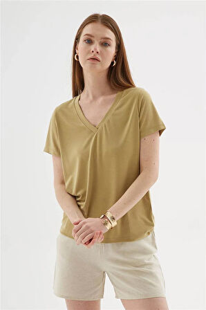 V Yaka Modal Bluz Olive