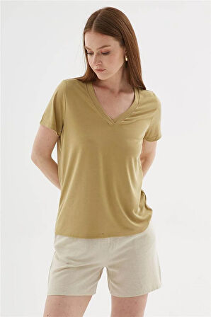 V Yaka Modal Bluz Olive