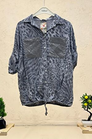 Batik Leopar Desen Pul Detaylı Vual Gömlek