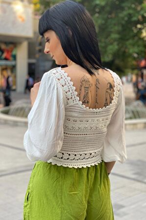 Kol Tül Önü Bağcıklı Crop Örgü Bluz