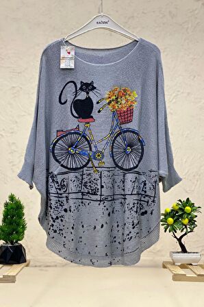 Kedi Ve Bisiklet Baskı Yarasa Merserize Bluz