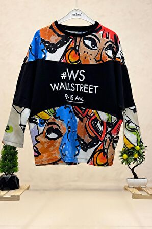 Sıfır Yaka Wallstreet Baskı Sweat