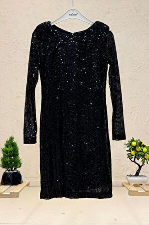 Vatkalı Uzun Kol Sırt Açık Pul Payet Kısa Elbise