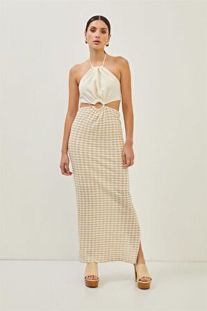 Ekru-Bej Cut Out Detaylı Dokulu Midi Boy Elbise