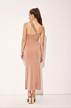 Vizon Pencere Detaylı Tek Omuz Elbise