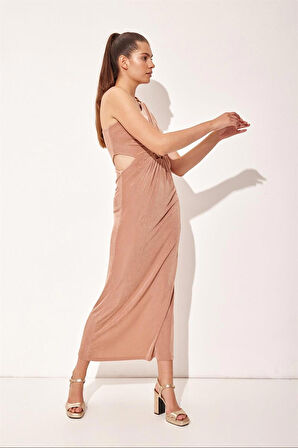 Vizon Pencere Detaylı Tek Omuz Elbise