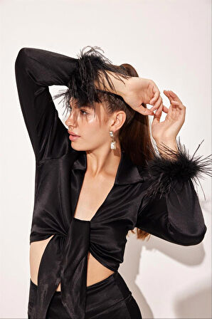 Siyah Bağlama Detaylı Etekli Takım