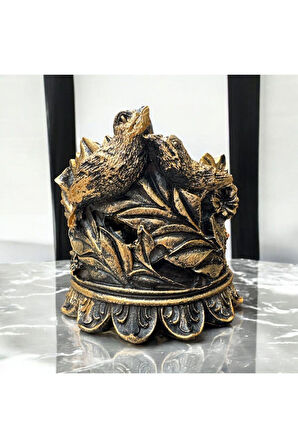 Dekoratif Polyester Kuşlu Şamdan Mumluk Gold Eskitme 11X11X10 cm