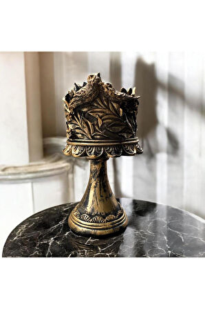 Dekoratif Polyester Kuşlu Ayaklı Şamdan Mumluk Gold Eskitme 23X11X10 cm